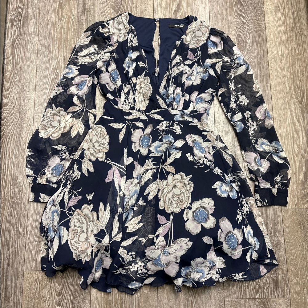 TFNC Navy Floral V-Neck Long Sleeve Chiffon Dress - Picture 4 of 14